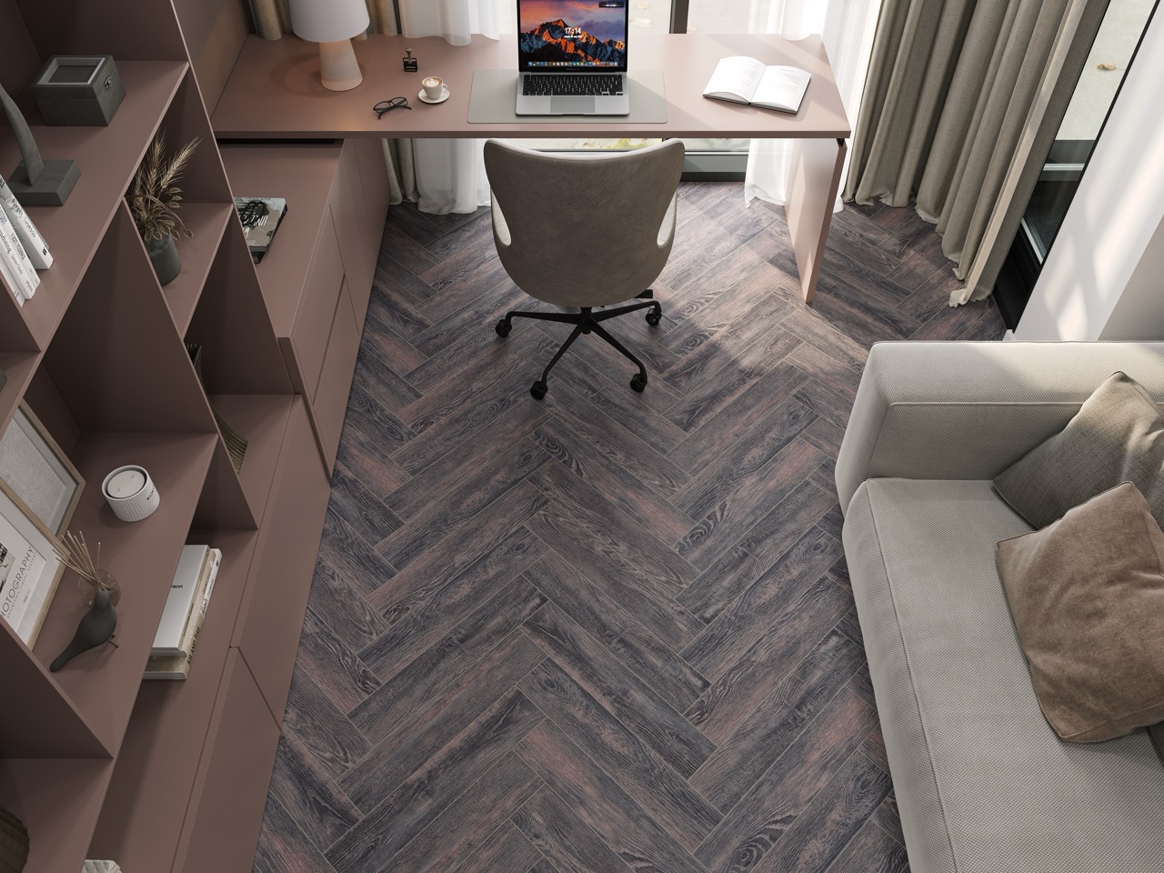 Кварцвиниловый SPC ламинат Cronafloor Herringbone Дуб Бордо H006 венгерская елка 640×128×4,5 фото в интерьере